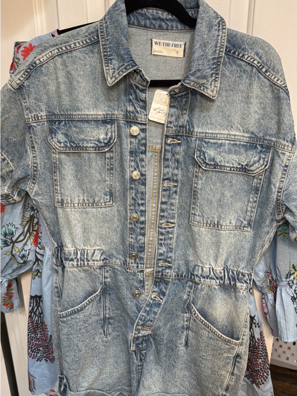 We The Free Washed Blue Denim Romper with Drawstring Waist